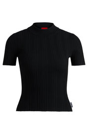 Geripptes T-Shirt aus Viskosemix - 001-Black - Schwarz