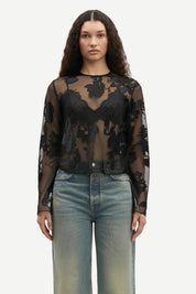 Transparentes Langarmshirt - Black Blooming Burnout - Schwarz