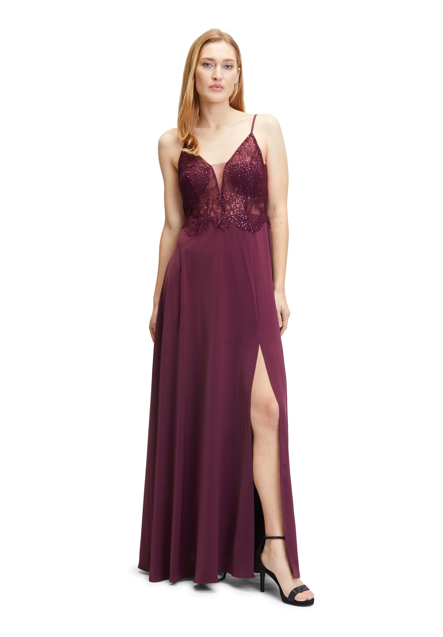 Abendkleid mit Spitzenbesatz - 6331-Shiny Bordeaux - Rot