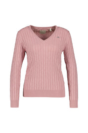 Zopfstrick V-Neck Pullover aus Stretch-Baumwolle - 674-DUSTY PINK - Rosa