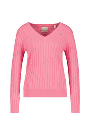 Zopfstrick V-Neck Pullover aus Stretch-Baumwolle - 669-CANDY PINK - Rosa