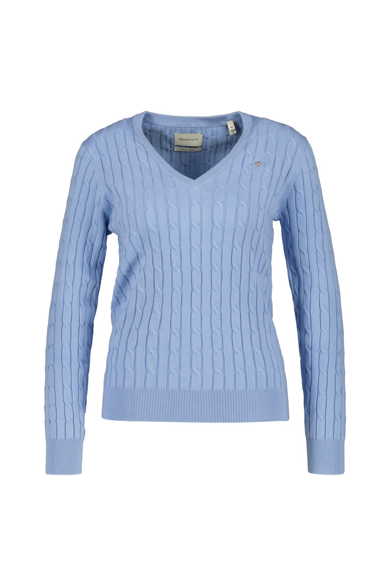 Zopfstrick V-Neck Pullover aus Stretch-Baumwolle - 427-CLEAR SKY - Blau